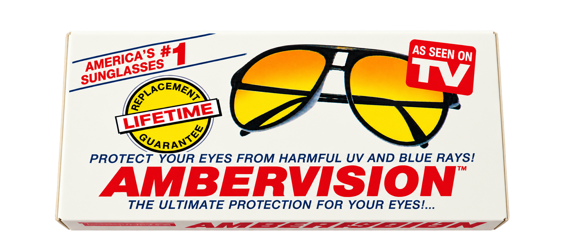 AI-restored AmberVision retail box with clean cream-colored packaging, amber sunglasses and original-style red lettering