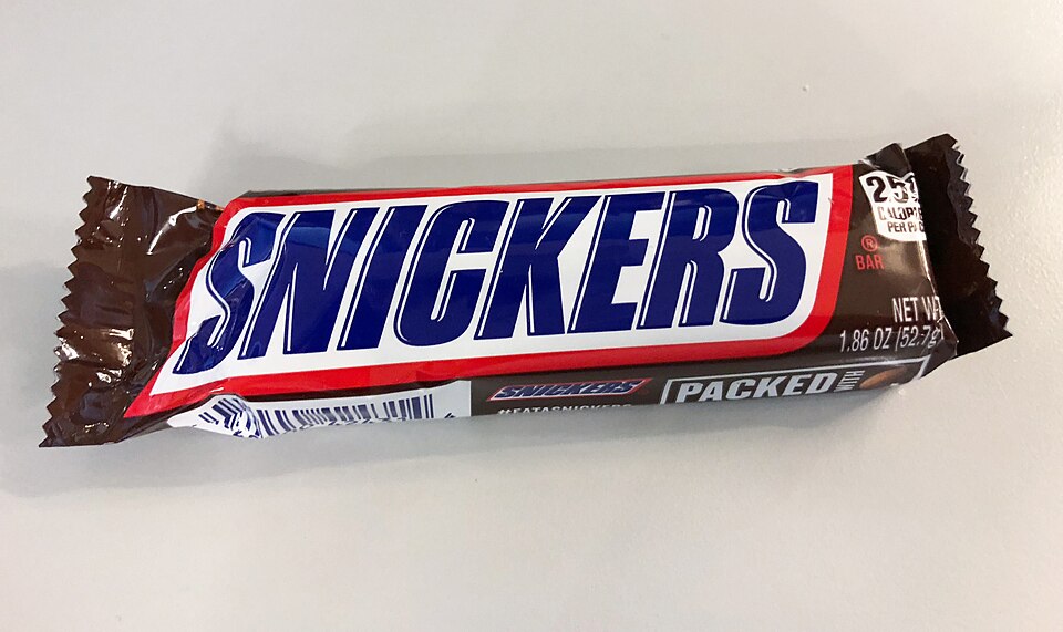 A wrapped single-serve Snickers candy bar, shown for product identification