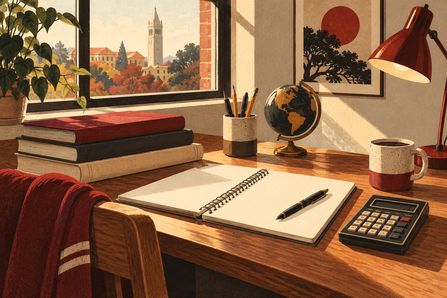 Conceptual illustration of a student desk with books, a notebook and a calculator